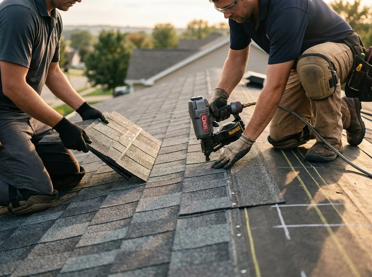 Professional roofer working on a residential roof in Fairfield Glade